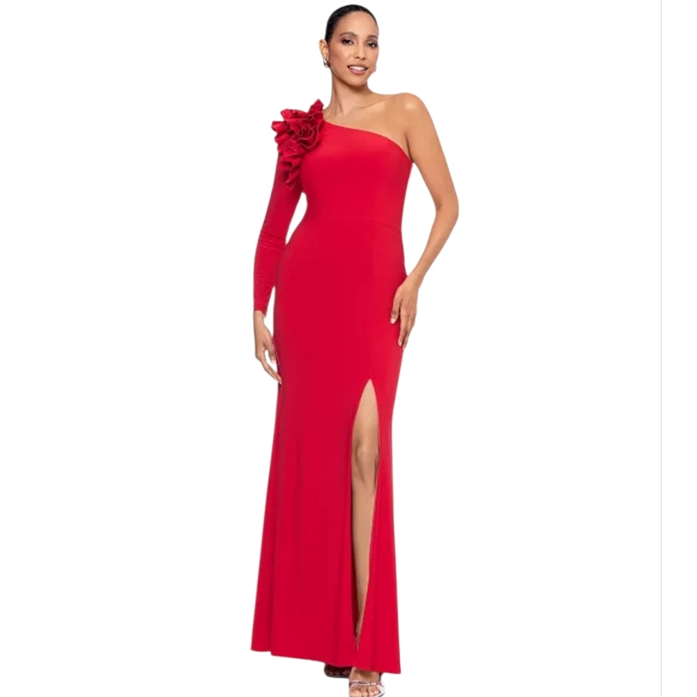 Xscape ITY Jersey One Shoulder Long Sleeve Ruffle Sheath Dress